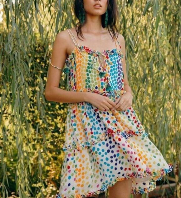 All Things Mochi Dresses & Skirts - All Things Mochi Rainbow Mini Dress Polkadot Silk Chiffon Ruffle Designer $365